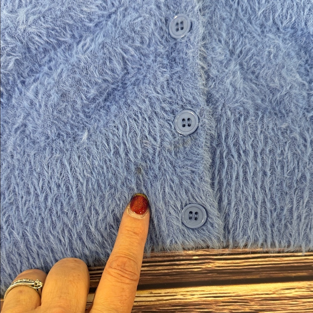 Freshman 1996 Soft and Fluffy Periwinkle Blue Women's Cardigan Crop Puff Sleeve - Picture 8 of 11